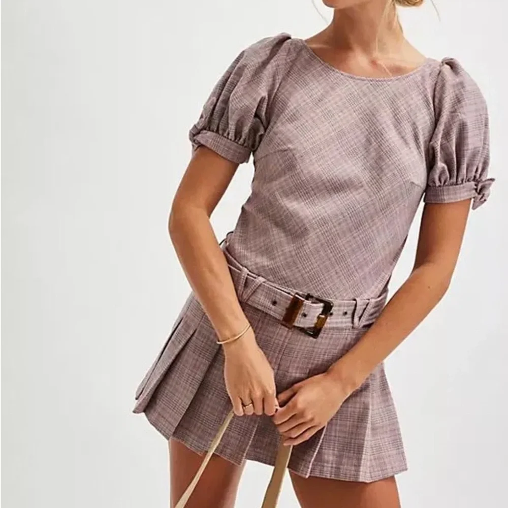 NWOT Free People Sevi Belted Plaid Pleated Mini Dress in Gray & Pink Combo